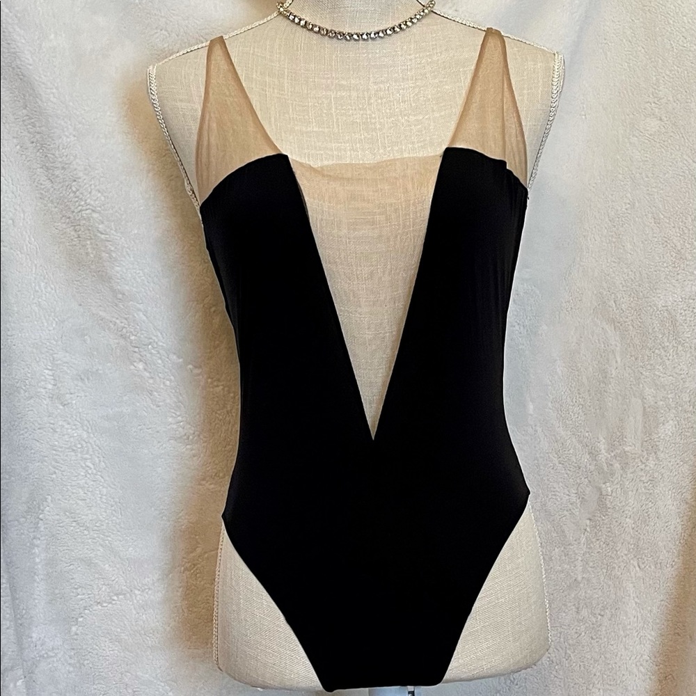 One piece mesh front plunge bodysuit